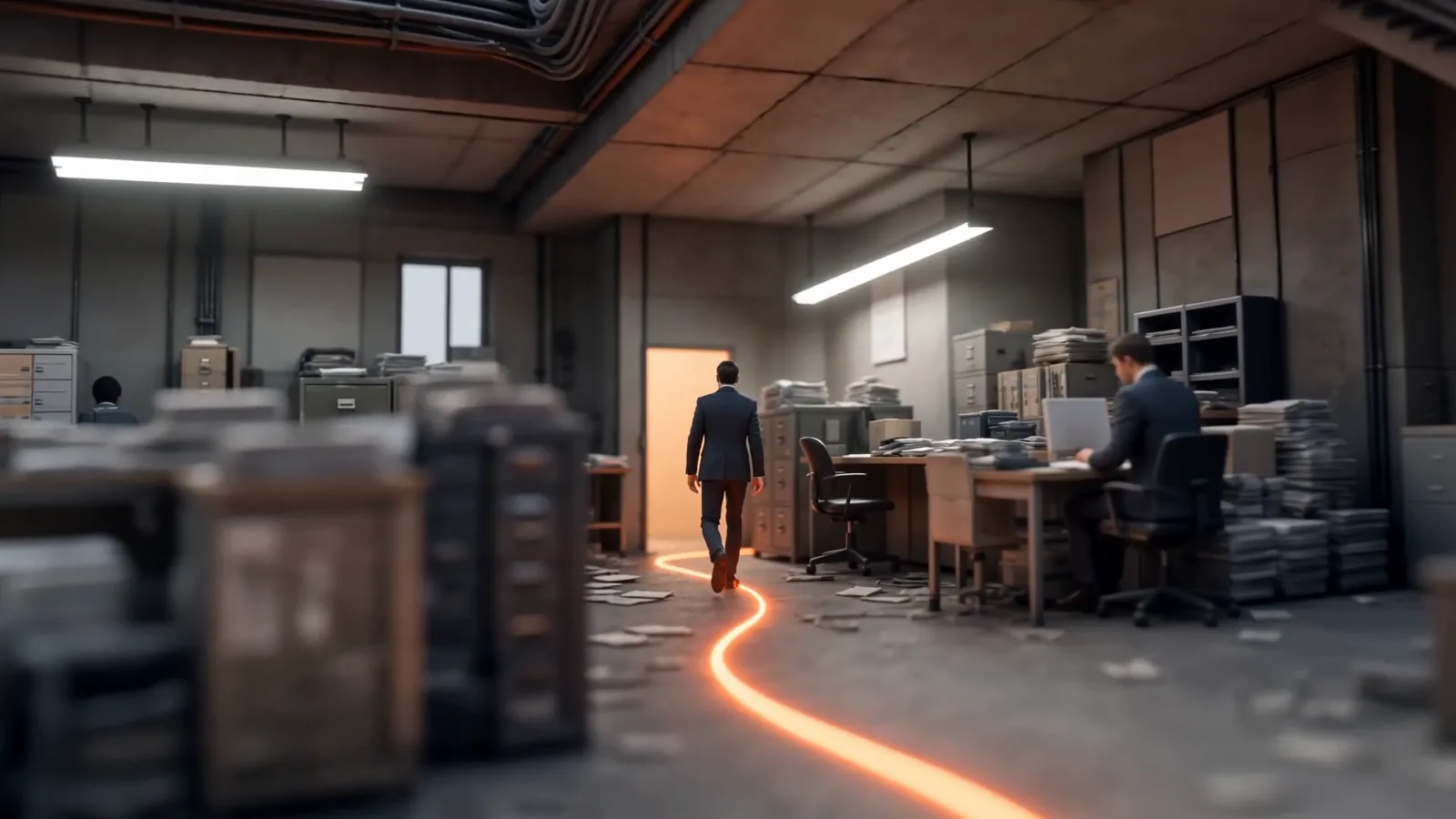 An operator walking the orange line through the glowing doorway — from the Framework Friday world